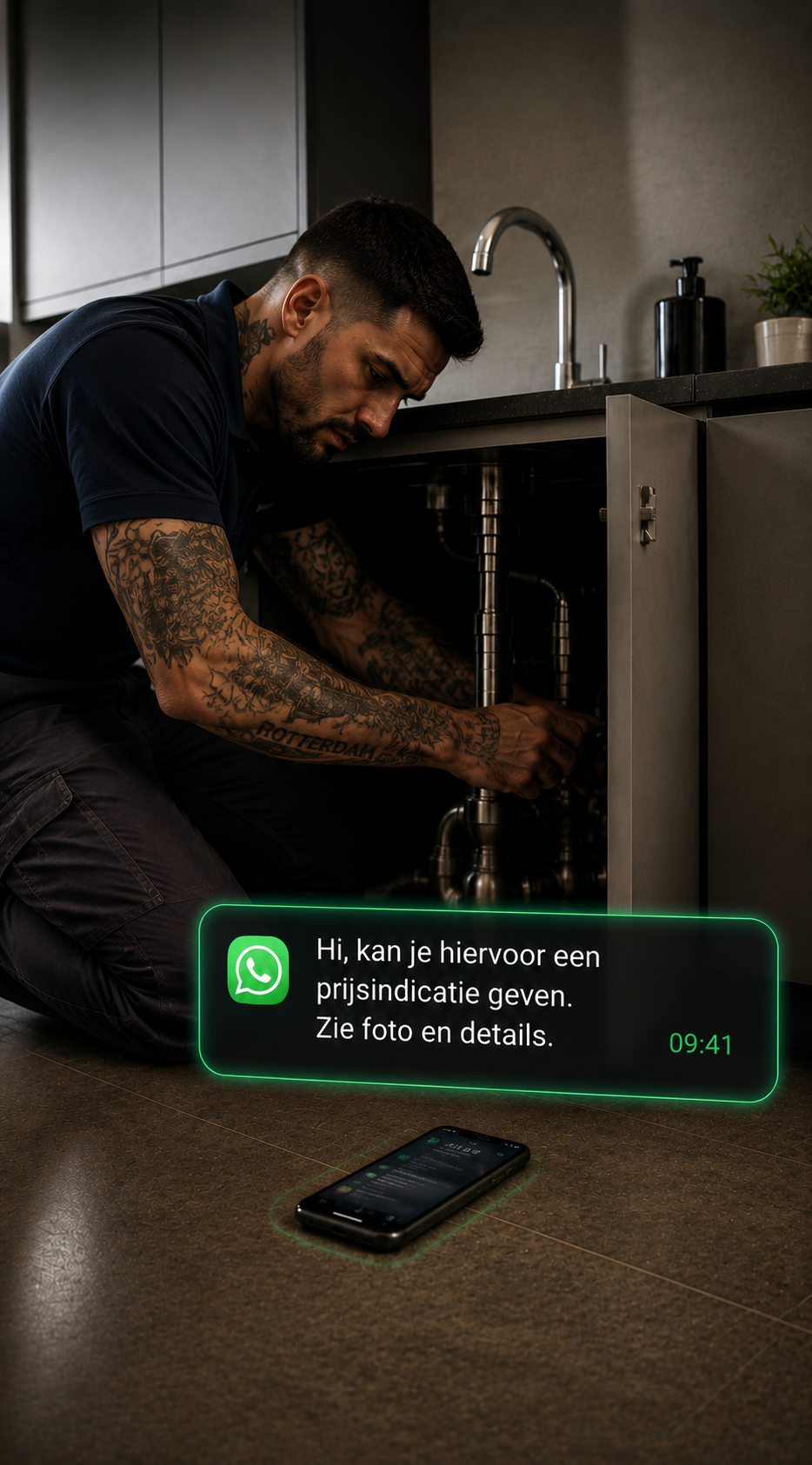 Automatische WhatsApp intake terwijl jij doorwerkt op locatie.